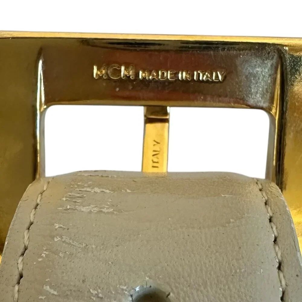 MCM Harken Leather Belt Classic Taupe Neutral Gold Embossed Buckle Size M/L